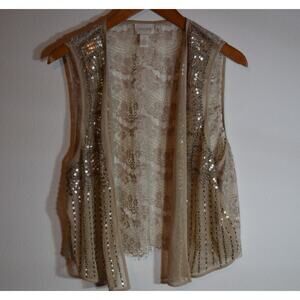 Chicos Lace Sequin Open Front Vest Womens Size 2 Champagne Taupe Boho